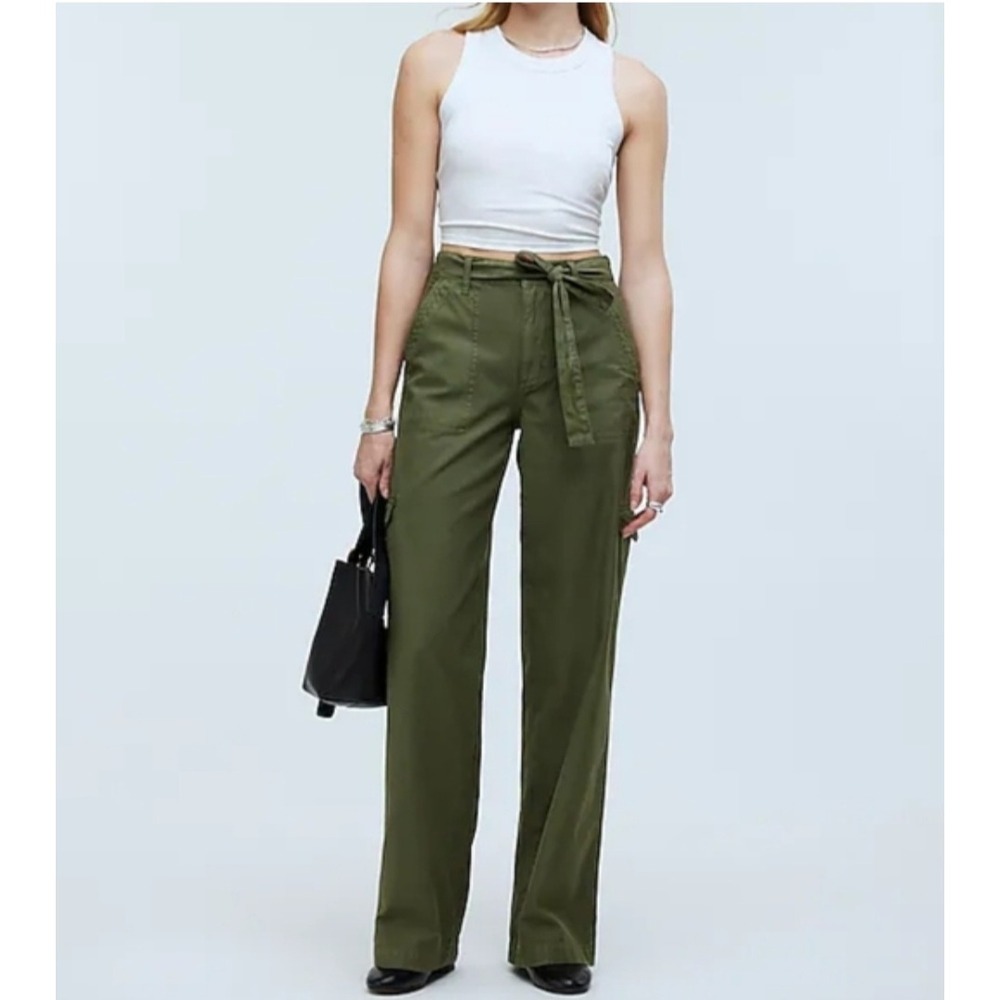 Madewell Griff Superwide Leg Cargo Pants Olive Green Size 29 High Rise Belted - Picture 1 of 11